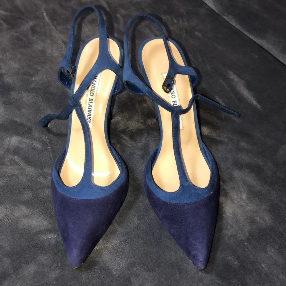 Manolo Blahnik T Strap Suede Pumps